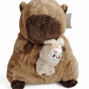 Este producto es una mochila de peluche con forma de capibara, una tendencia viral y popular. Diseño: Peluche suave de color marrón con un pequeño llavero de peluche adherido al frente. Funcionalidad: Funciona como una mochila para llevar objetos pequeños. Precio: El precio aproximado es de $269 pesos mexicanos. Variaciones: Existen modelos que incluyen accesorios adicionales como flores o comida